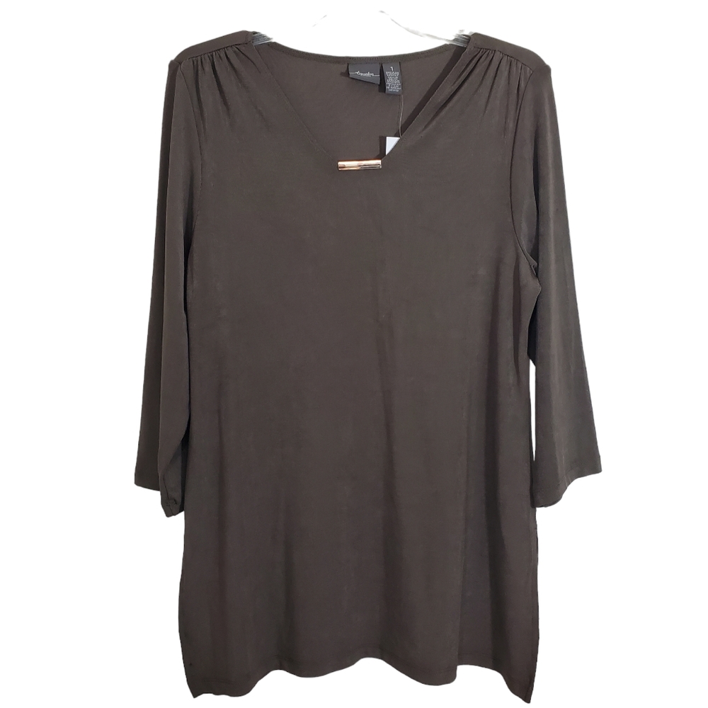 NWT Chico's Travelers Collection V-Neck Slinky Knit 3/4 Sleeve Top Brown Medium